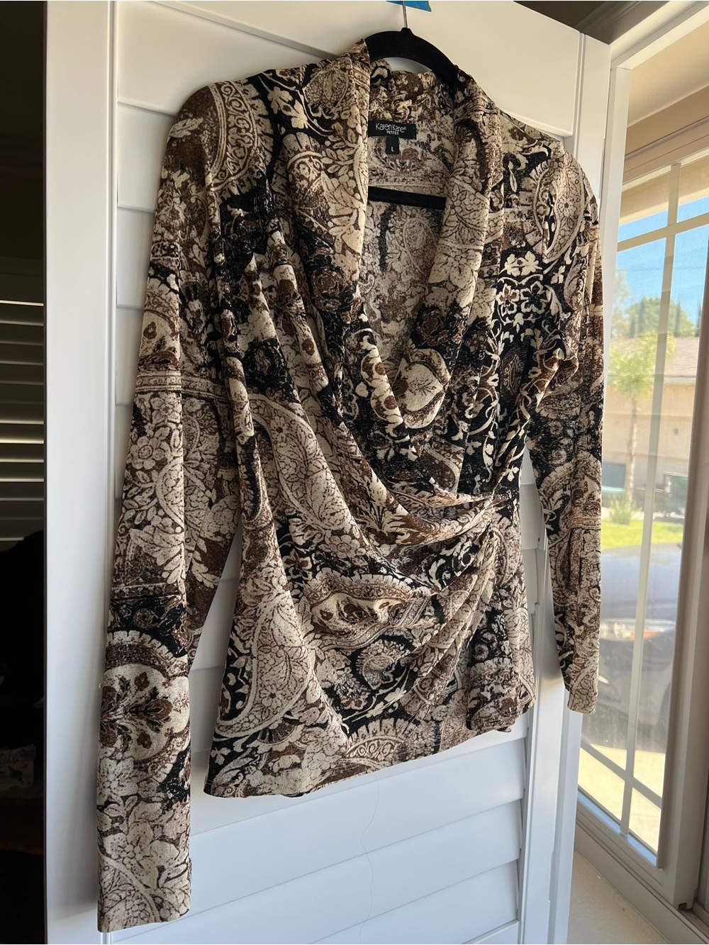 Karen Kane Brown and Cream Paisley Draped Cowl Neck Top